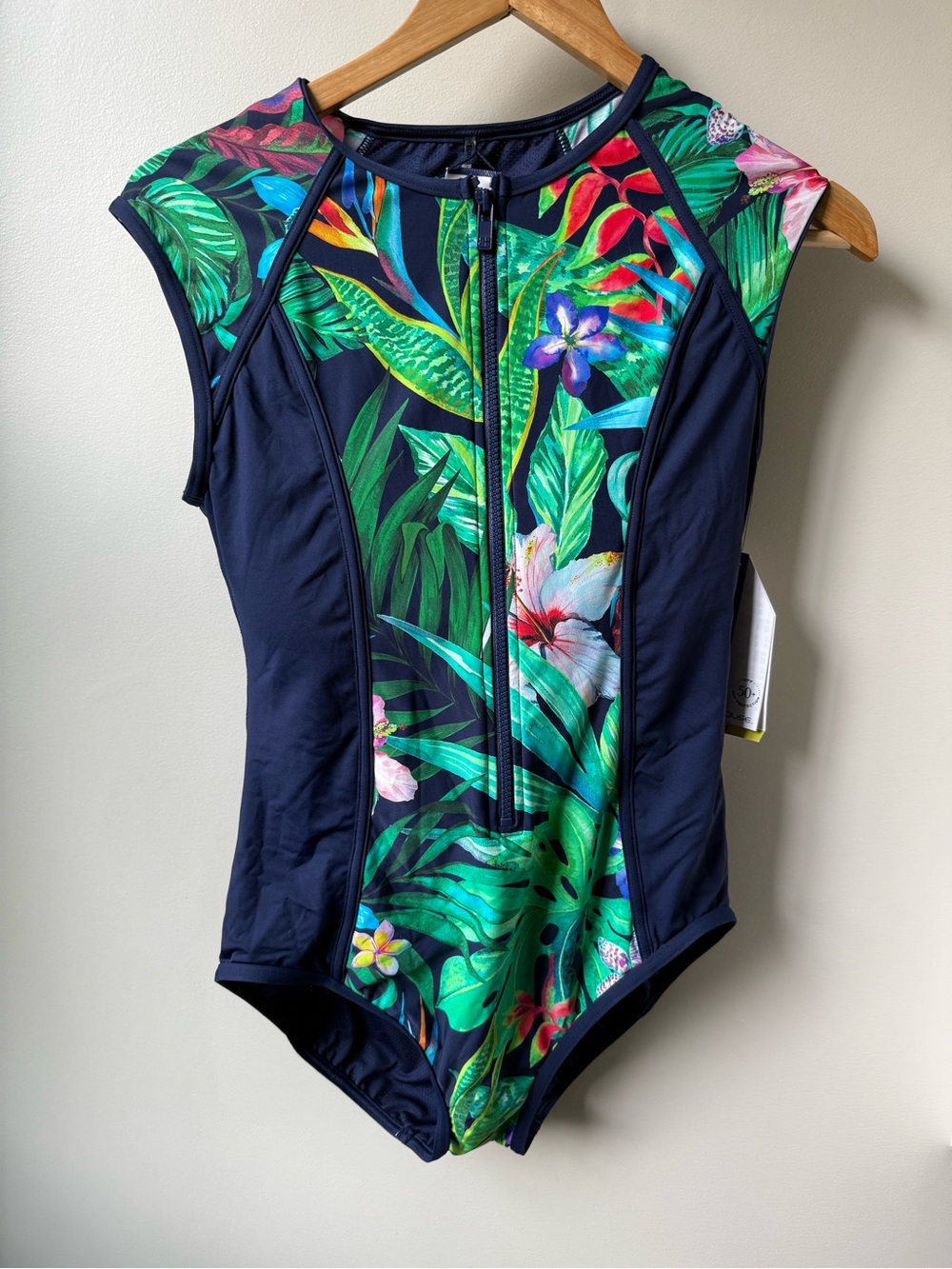 NWT BEACH HOUSE SPORT Midnight Tropical Endurance Zip Swimsuit Floral Beach 14